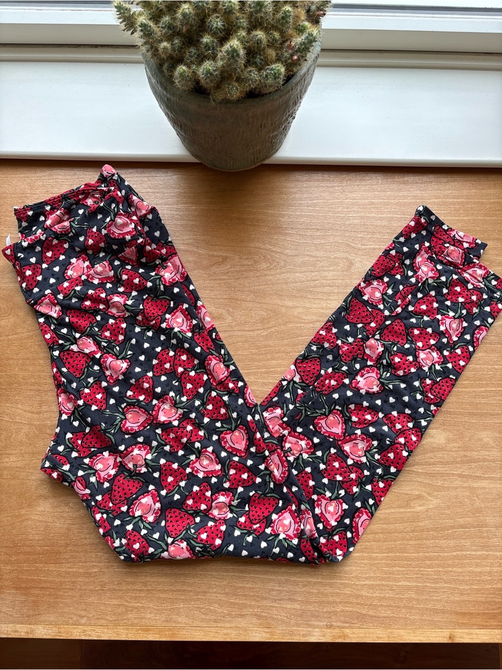 LuLaRoe Black Leggings with Red & Pink Strawberry Floral Print